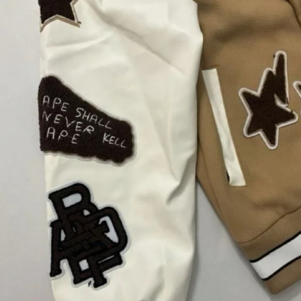 A BATHING APE BAPE MULTI MOTIF VARSITY JACKET BEIGE SIZE XXL (NWT) - Picture 4 of 10
